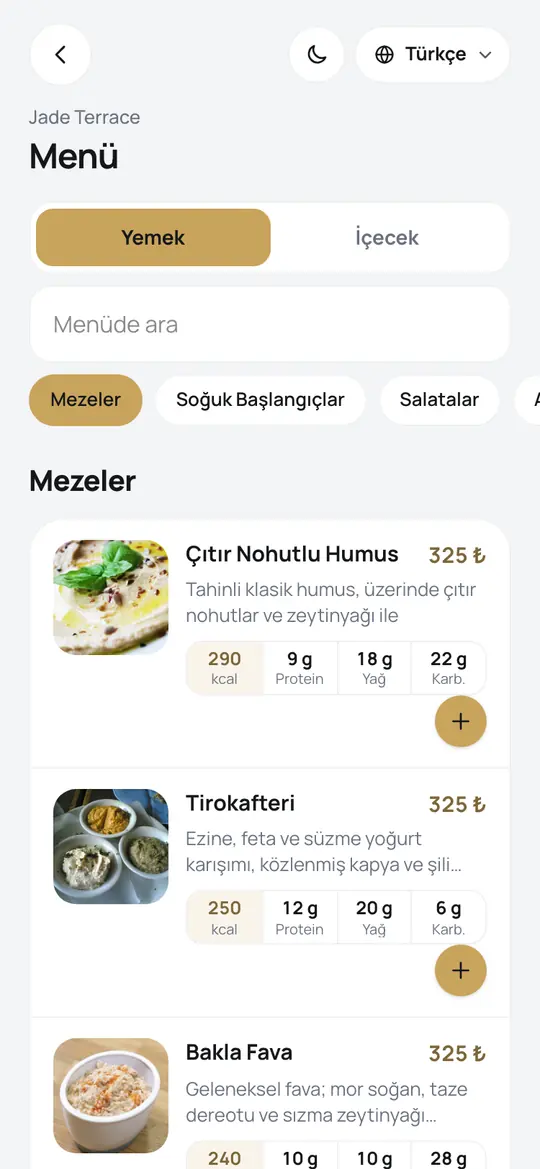 Açık temada fotoğraflı menü örneği