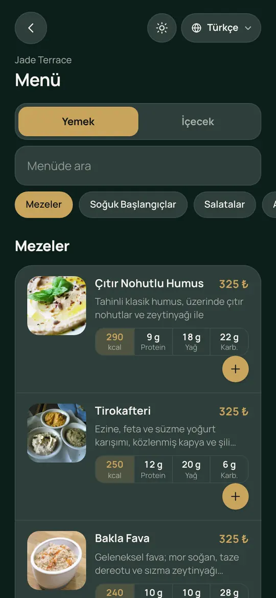 Koyu temada QR menü: Yemek ve İçecek sekmeleri, arama kutusu ve ürün listesi