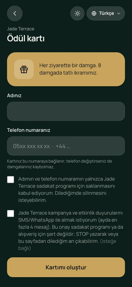 Ödül kartı ekranı: ad, telefon numarası, açık onay kutuları ve Kartımı oluştur düğmesi